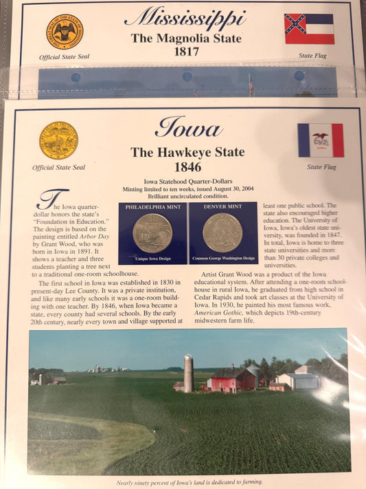 Iowa & Mississippi Statehood Quarter Set 2 Pack Coins Stamps 1846 1817