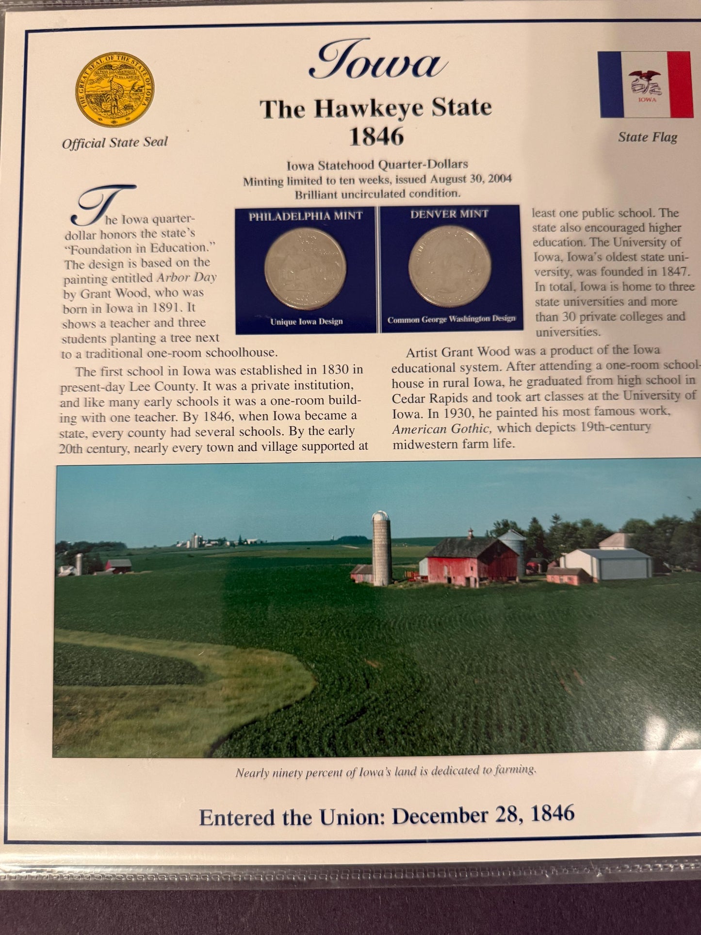Iowa & Mississippi Statehood Quarter Set 2 Pack Coins Stamps 1846 1817