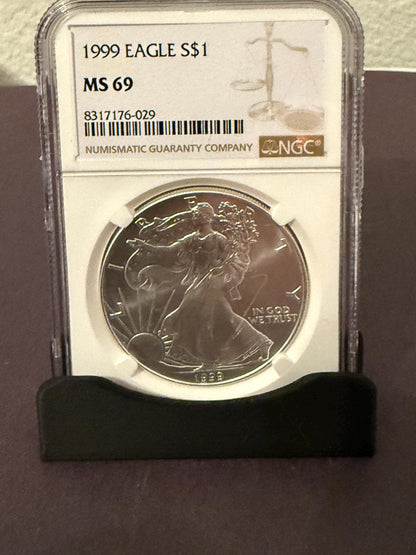 1999 Silver Eagle NGC .999 Fine + 1963 Franklin Half Dollar 90% Silver