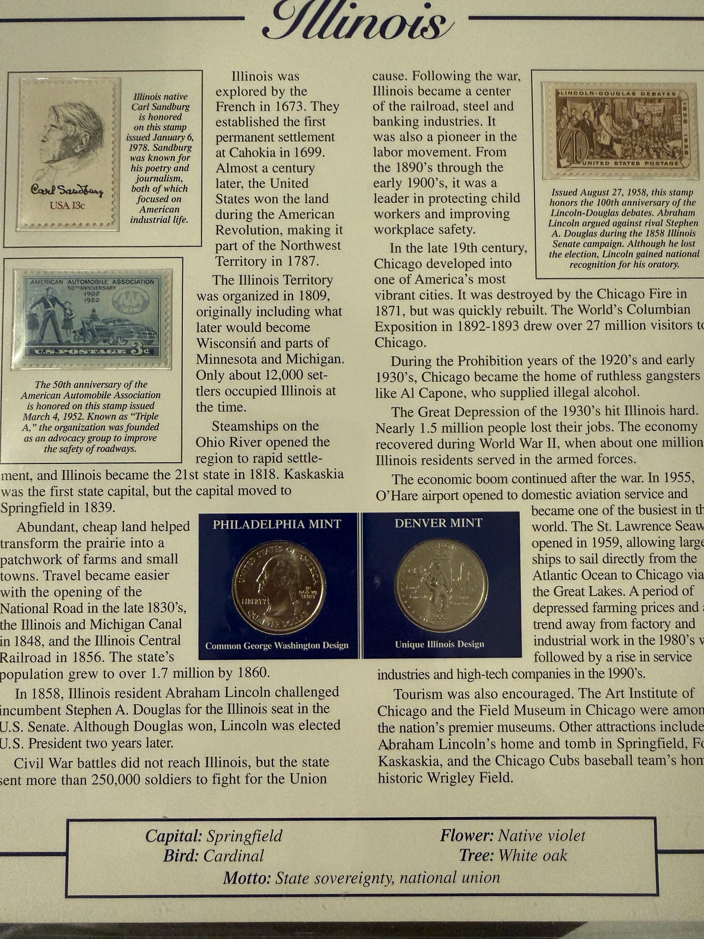 Illinois & Maine Statehood Quarter 2 Pack Real Coins with Stamp Prints Set