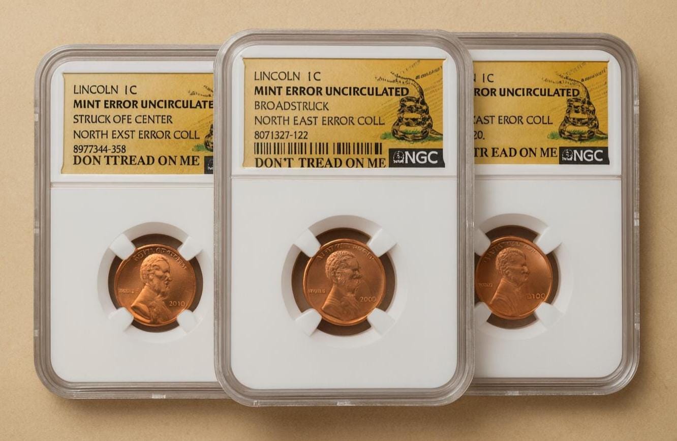 NGC Certified Lincoln Cent Error Trio Off Center Broadstrike Uncirculated