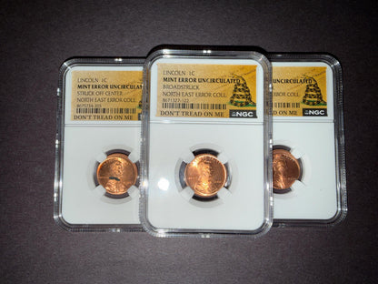 NGC Certified Lincoln Cent Error Trio Off Center Broadstrike Uncirculated