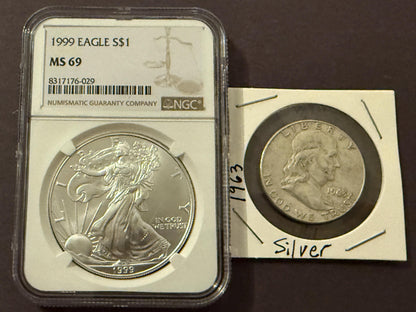 1999 Silver Eagle NGC .999 Fine + 1963 Franklin Half Dollar 90% Silver