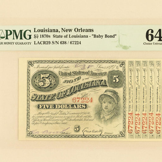1870s Louisiana $5 Baby Bond PMG 64 EPQ Choice UNC 5 Coupons Attached