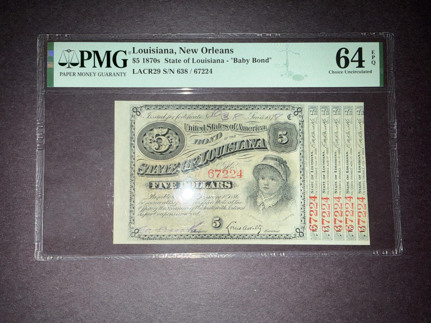 1870s Louisiana $5 Baby Bond PMG 64 EPQ Choice UNC 5 Coupons Attached