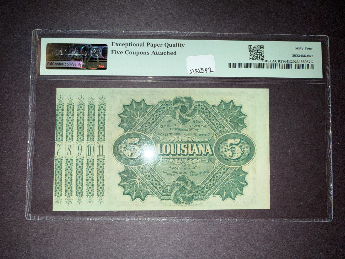 1870s Louisiana $5 Baby Bond PMG 64 EPQ Choice UNC 5 Coupons Attached
