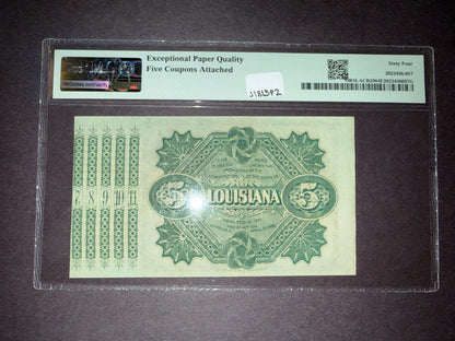 1870s Louisiana $5 Baby Bond PMG 64 EPQ Choice UNC 5 Coupons Attached