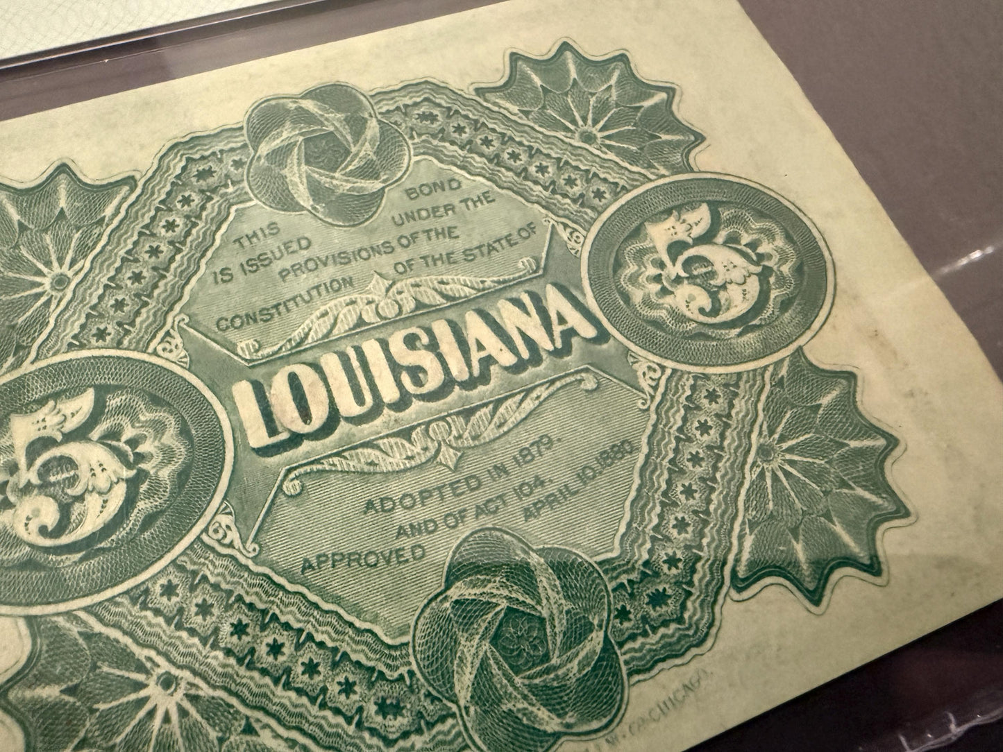 1870s Louisiana $5 Baby Bond PMG 64 EPQ Choice UNC 5 Coupons Attached