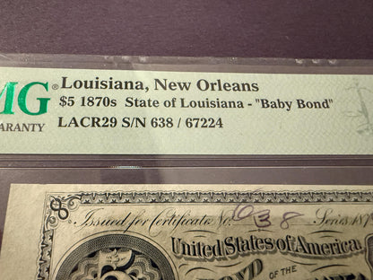 1870s Louisiana $5 Baby Bond PMG 64 EPQ Choice UNC 5 Coupons Attached