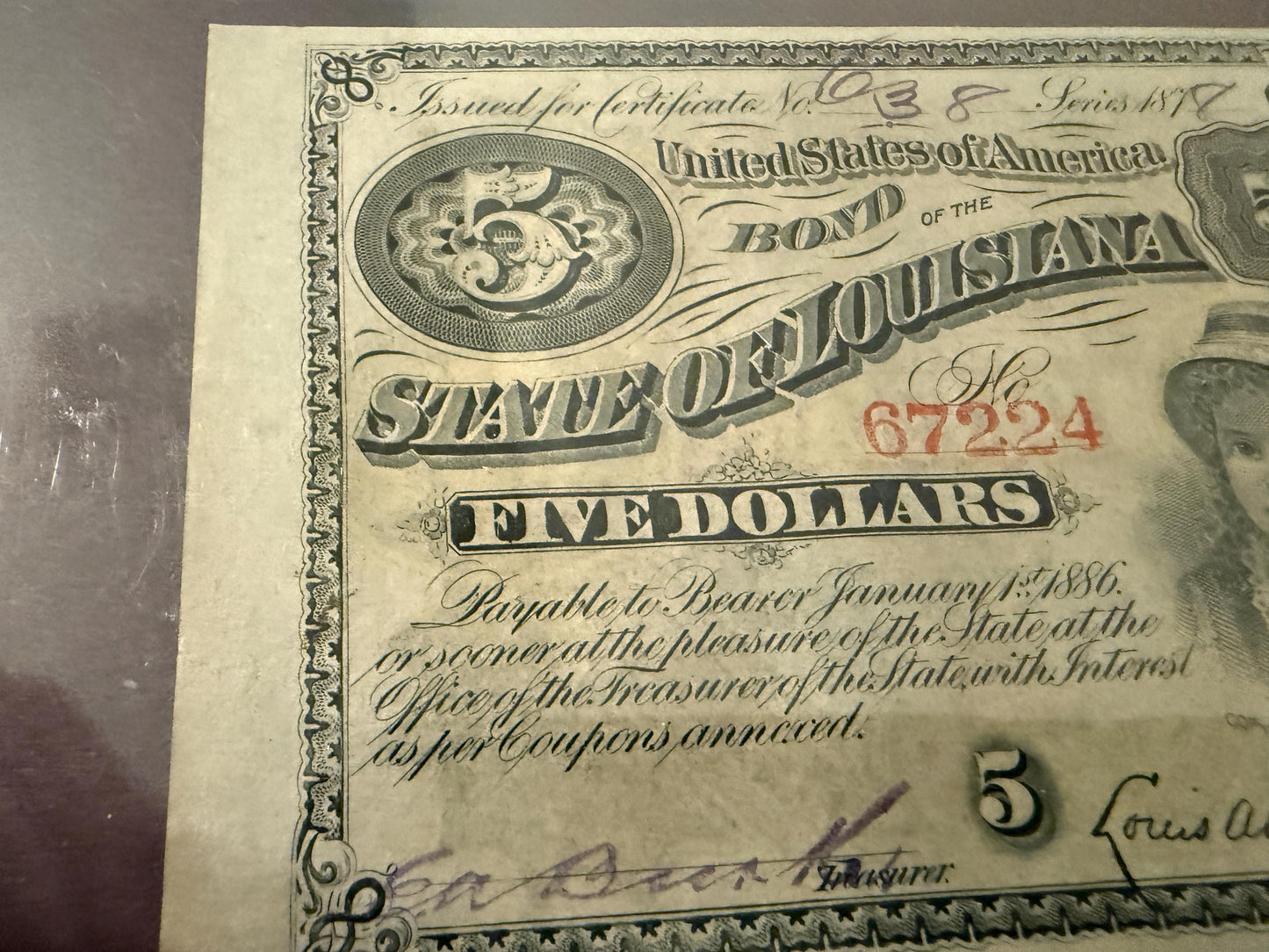 1870s Louisiana $5 Baby Bond PMG 64 EPQ Choice UNC 5 Coupons Attached