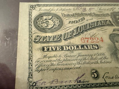 1870s Louisiana $5 Baby Bond PMG 64 EPQ Choice UNC 5 Coupons Attached