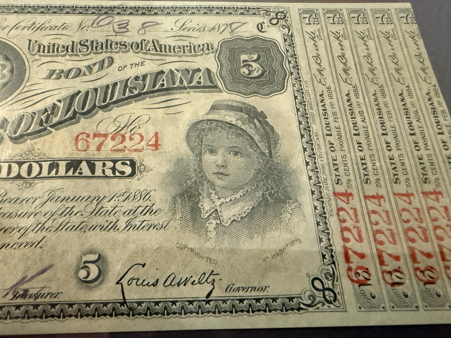 1870s Louisiana $5 Baby Bond PMG 64 EPQ Choice UNC 5 Coupons Attached