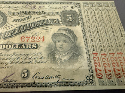 1870s Louisiana $5 Baby Bond PMG 64 EPQ Choice UNC 5 Coupons Attached