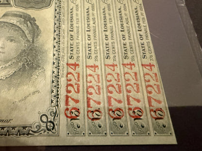 1870s Louisiana $5 Baby Bond PMG 64 EPQ Choice UNC 5 Coupons Attached