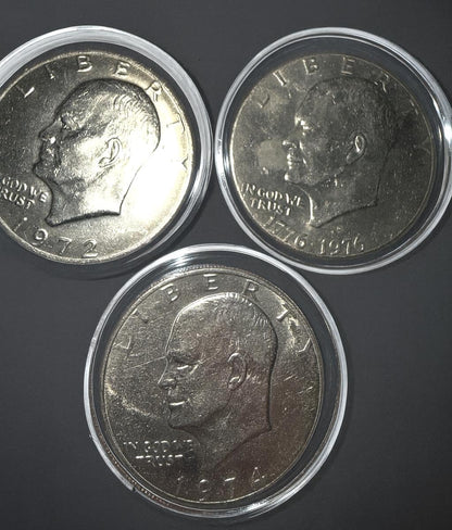Eisenhower Dollar 3 Coin Set 1972 1974 1776-1976 Bicentennial Ike Dollars