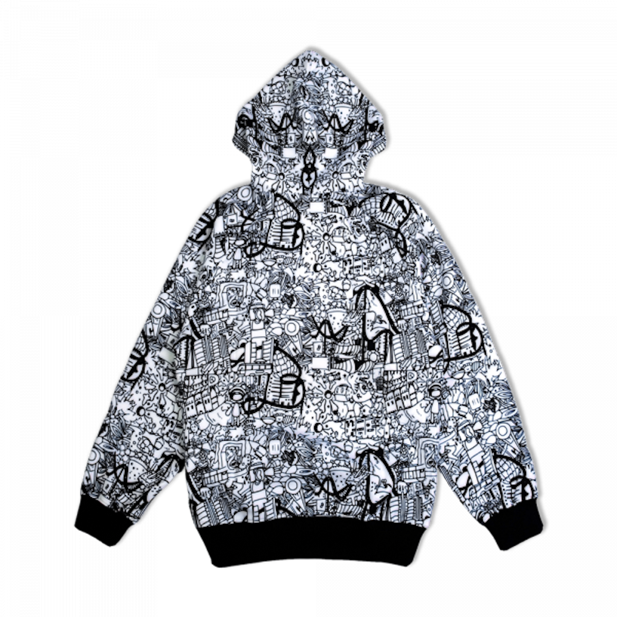 TheMoonAndPenny Doodle Hoodie Medium Black White City Line Art Graphic