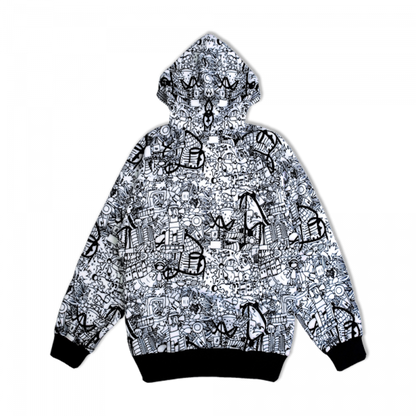 TheMoonAndPenny Doodle Hoodie Medium Black White City Line Art Graphic