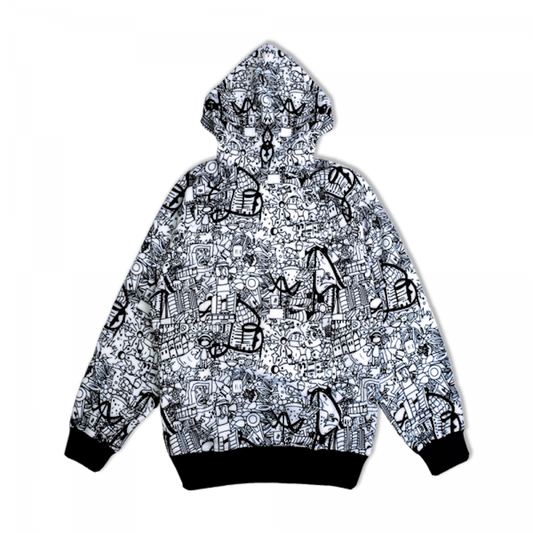 TheMoonAndPenny Doodle Hoodie Medium Black White City Line Art Graphic