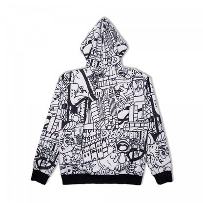 TheMoonAndPenny Doodle Art Hoodie Medium Black White Graphic Sweatshirt