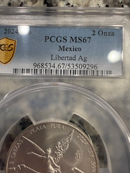 2024 Mo Mexico Libertad 2 Onza Silver Coin PCGS .999 Fine Silver 2 oz BU