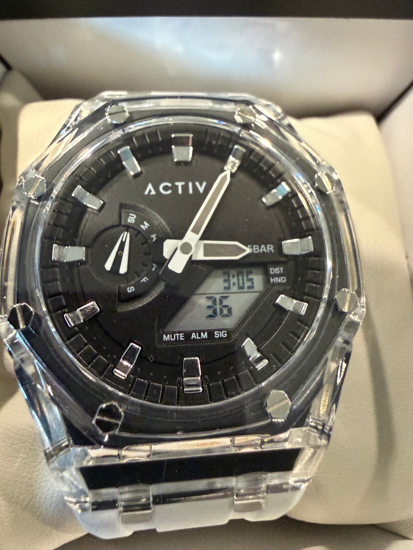 Activa X Invicta Mens Digital Analog Watch 44.2mm Clear Case White Strap WR 5BAR