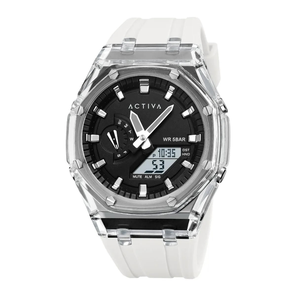 Activa X Invicta Mens Digital Analog Watch 44.2mm Clear Case White Strap WR 5BAR