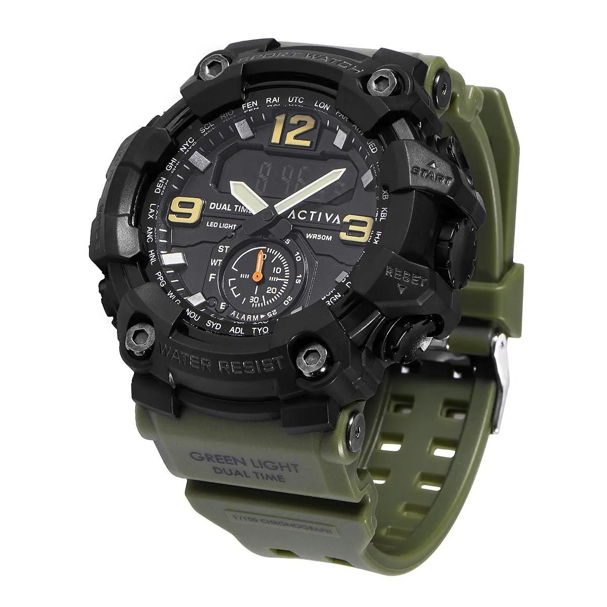 Activa X Invicta BlackOps Mens Watch 56mm Army Green Dual Time LED Light