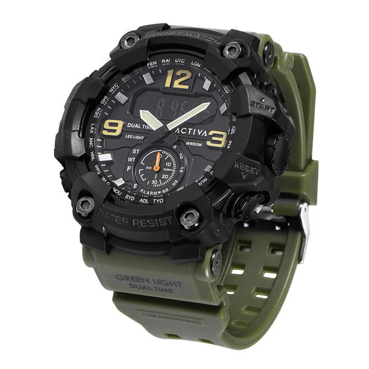 Activa X Invicta BlackOps Mens Watch 56mm Army Green Dual Time LED Light