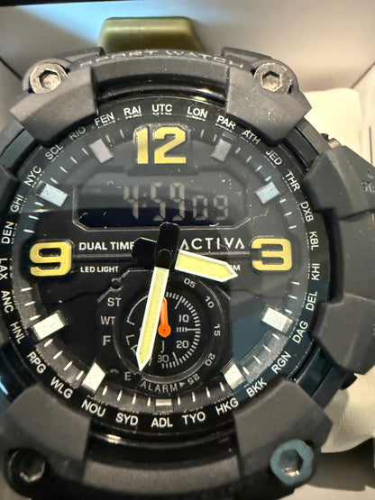 Activa X Invicta BlackOps Mens Watch 56mm Army Green Dual Time LED Light