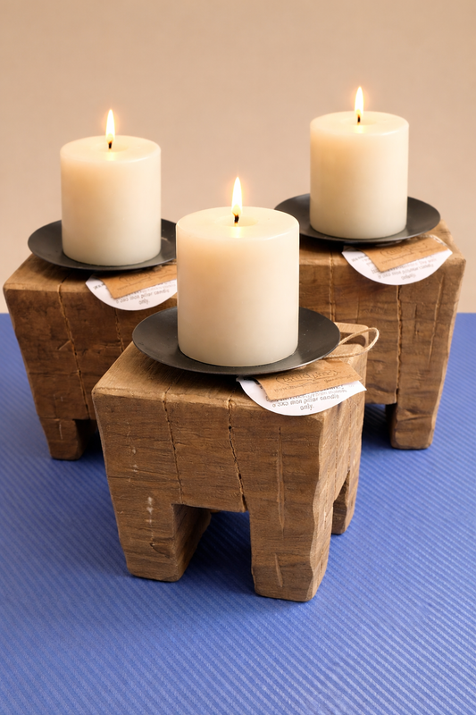 Mud Pie Rustic Wooden Pillar Candle Holders Set of 3 Metal Plates Farmhouse