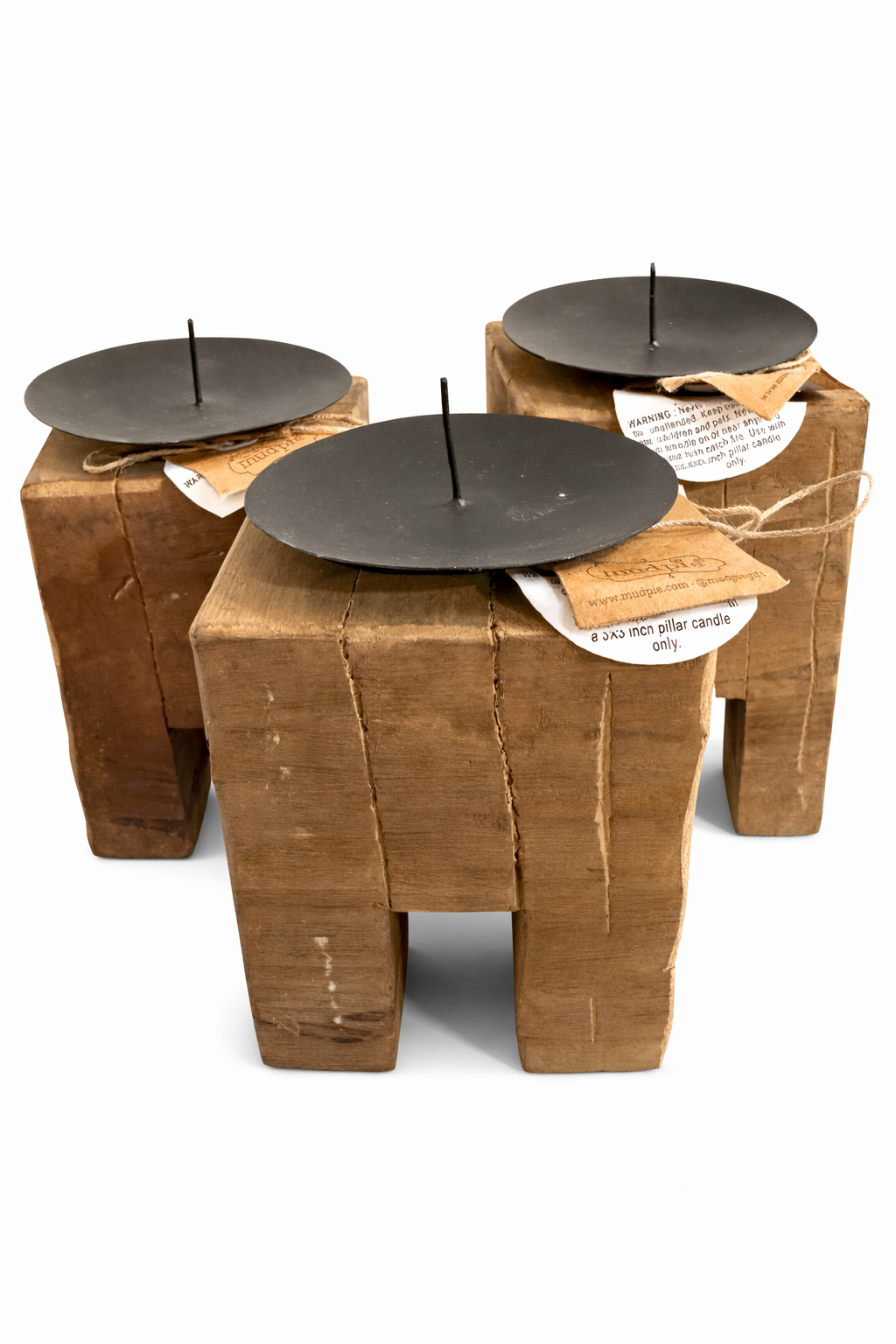 Mud Pie Rustic Wooden Pillar Candle Holders Set of 3 Metal Plates Farmhouse