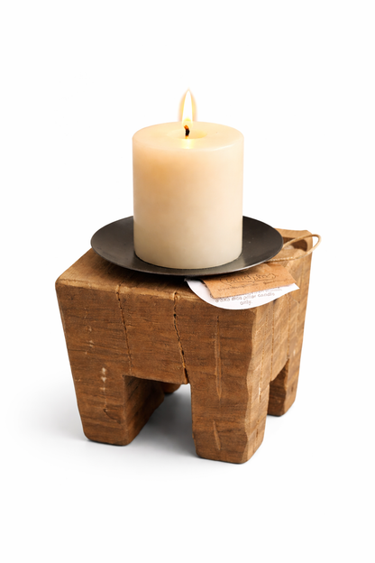 Mud Pie Rustic Wooden Pillar Candle Holders Set of 3 Metal Plates Farmhouse