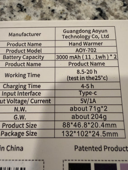 Electric Hand Warmer Rechargeable 3000mAh USB C Portable Dual Pack