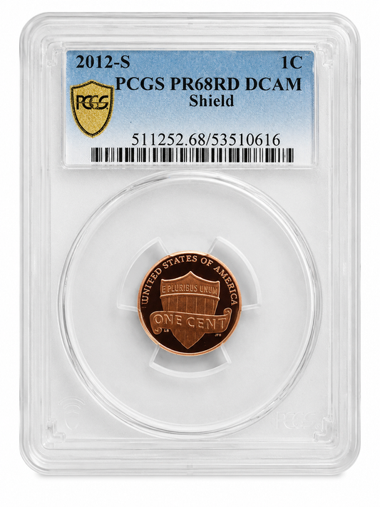2012 S Shield Cent PCGS PR68RD DCAM Proof Lincoln Penny Red Deep Cameo Slab