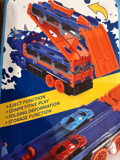 Dinosaur Truck Car Carrier Launcher Playset With 12 Cars Folding Race Track Toy