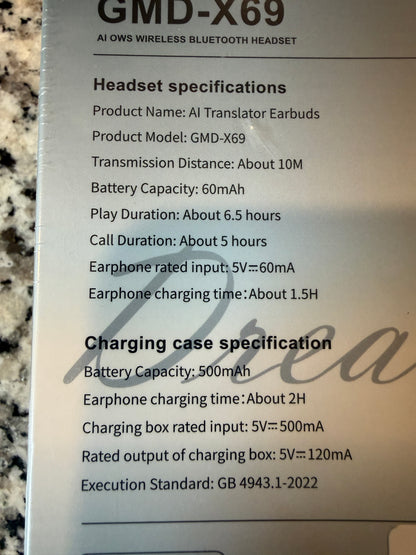 GMD-X69 AI Translator Earbuds Bluetooth 5.4 Wireless Headset w Charging Case