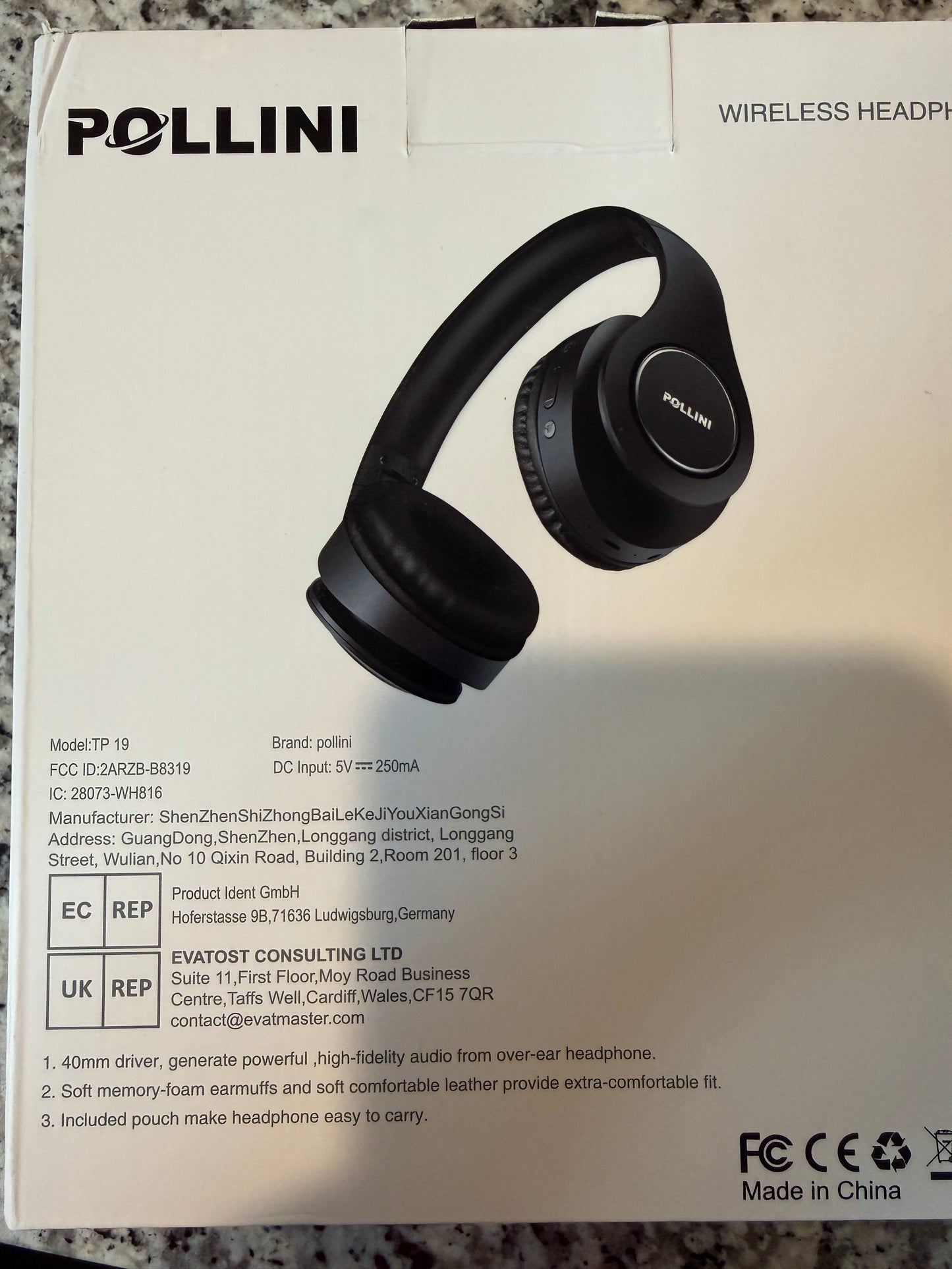 Pollini TP19 Wireless Bluetooth Over Ear Headphones Black EQ Modes
