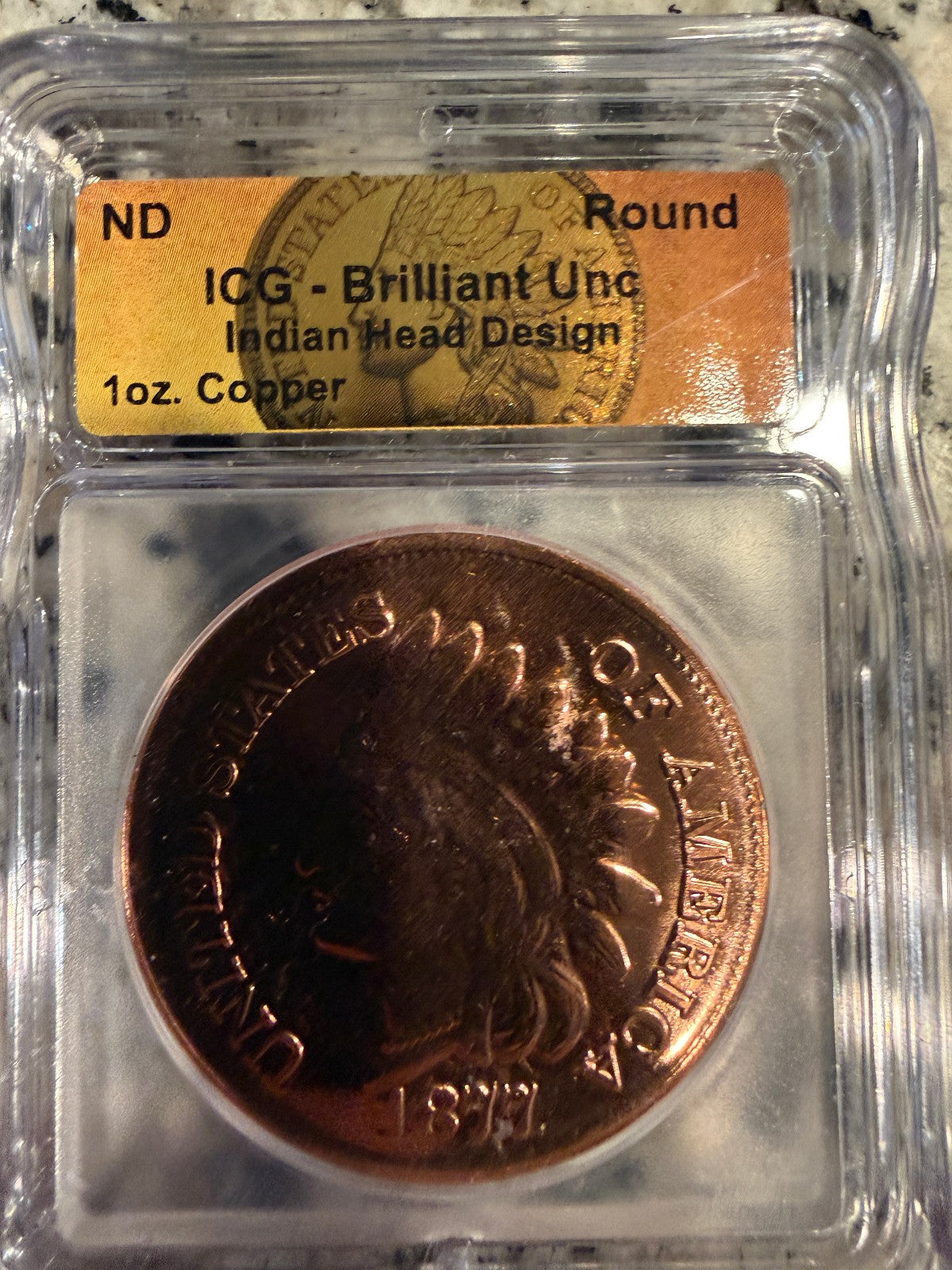 1 oz Copper Indian Head Round ICG Brilliant Uncirculated Copper Bullion Round