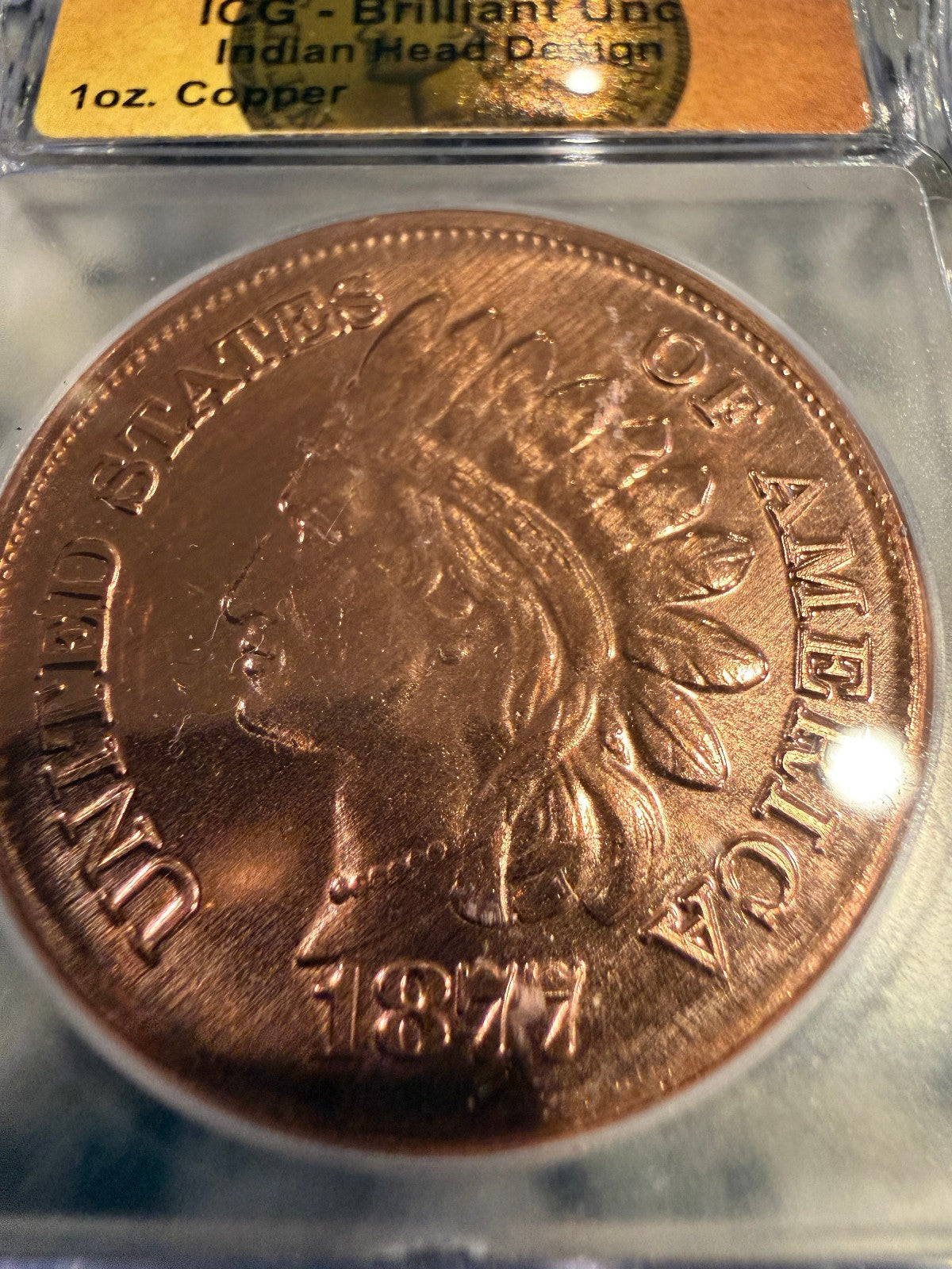 1 oz Copper Indian Head Round ICG Brilliant Uncirculated Copper Bullion Round