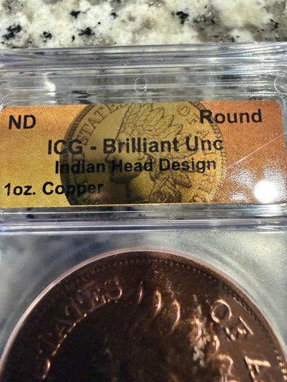 1 oz Copper Indian Head Round ICG Brilliant Uncirculated Copper Bullion Round