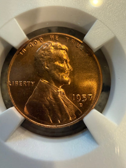 1957-D Lincoln Wheat Cent NGC MS65 RD Brilliant Red Certified Denver Mint Penny