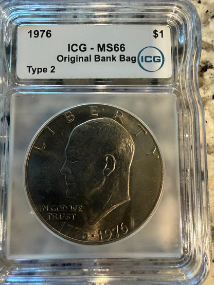 1976 Type 2 Eisenhower Dollar ICG MS66 Original Bank Bag Bicentennial Moon