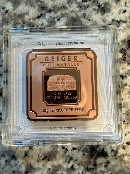 Geiger Edelmetalle 100 Gram Copper Bar 999.9 Fine Copper Original Premium