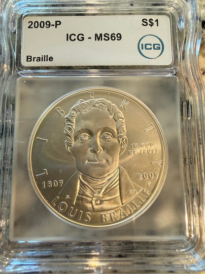 2009 P Louis Braille Silver Presidential Dollar ICG MS69 Certified BU