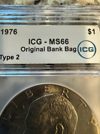 1976 Type 2 Eisenhower Dollar ICG MS66 Original Bank Bag Bicentennial Moon