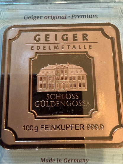 Geiger Edelmetalle 100 Gram Copper Bar 999.9 Fine Copper Original Premium