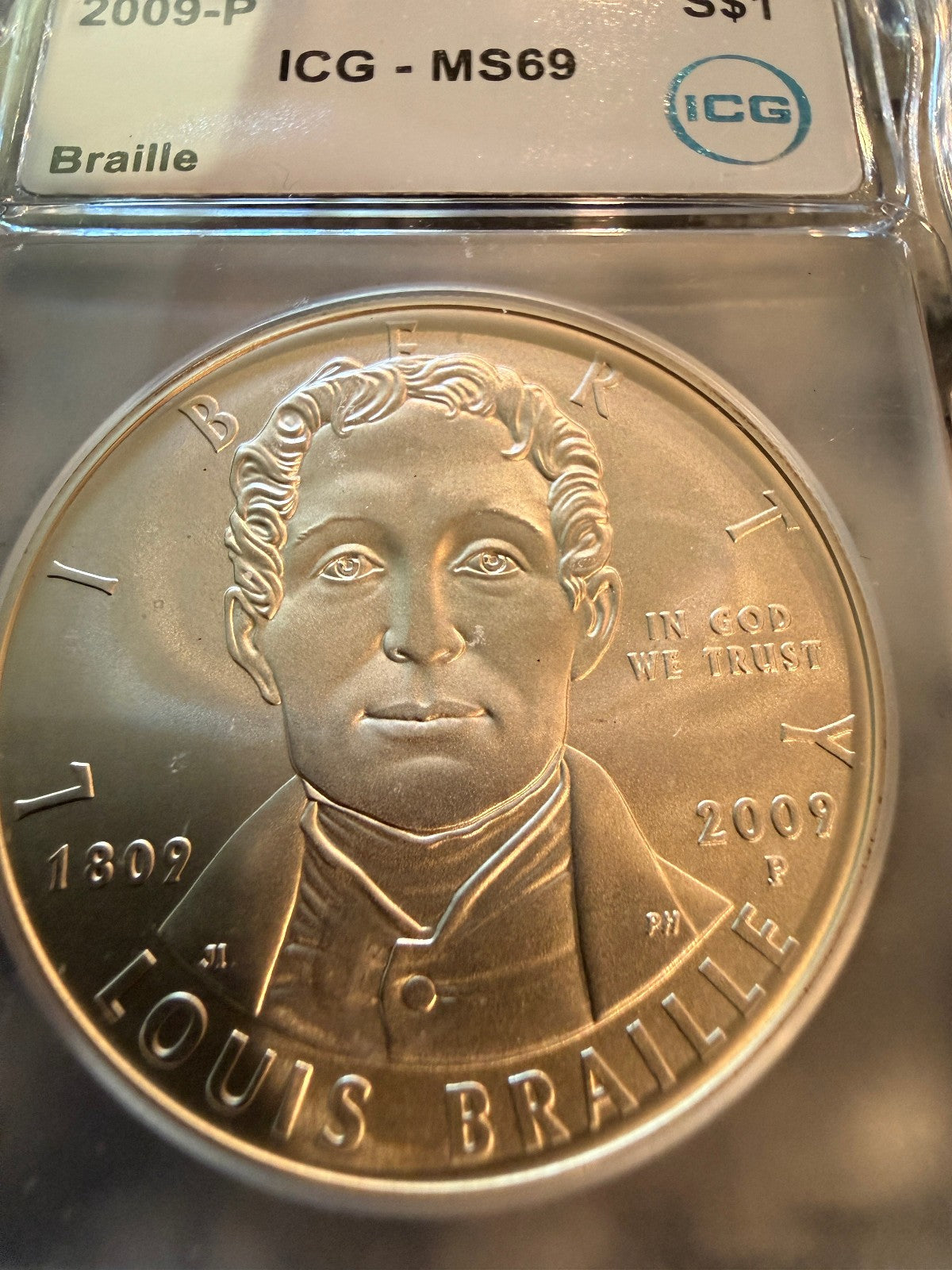 2009 P Louis Braille Silver Presidential Dollar ICG MS69 Certified BU