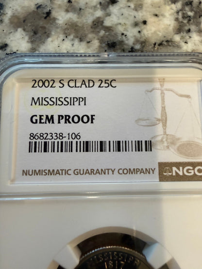 2002 S Mississippi State Quarter NGC Gem Proof Clad 25C Certified Coin