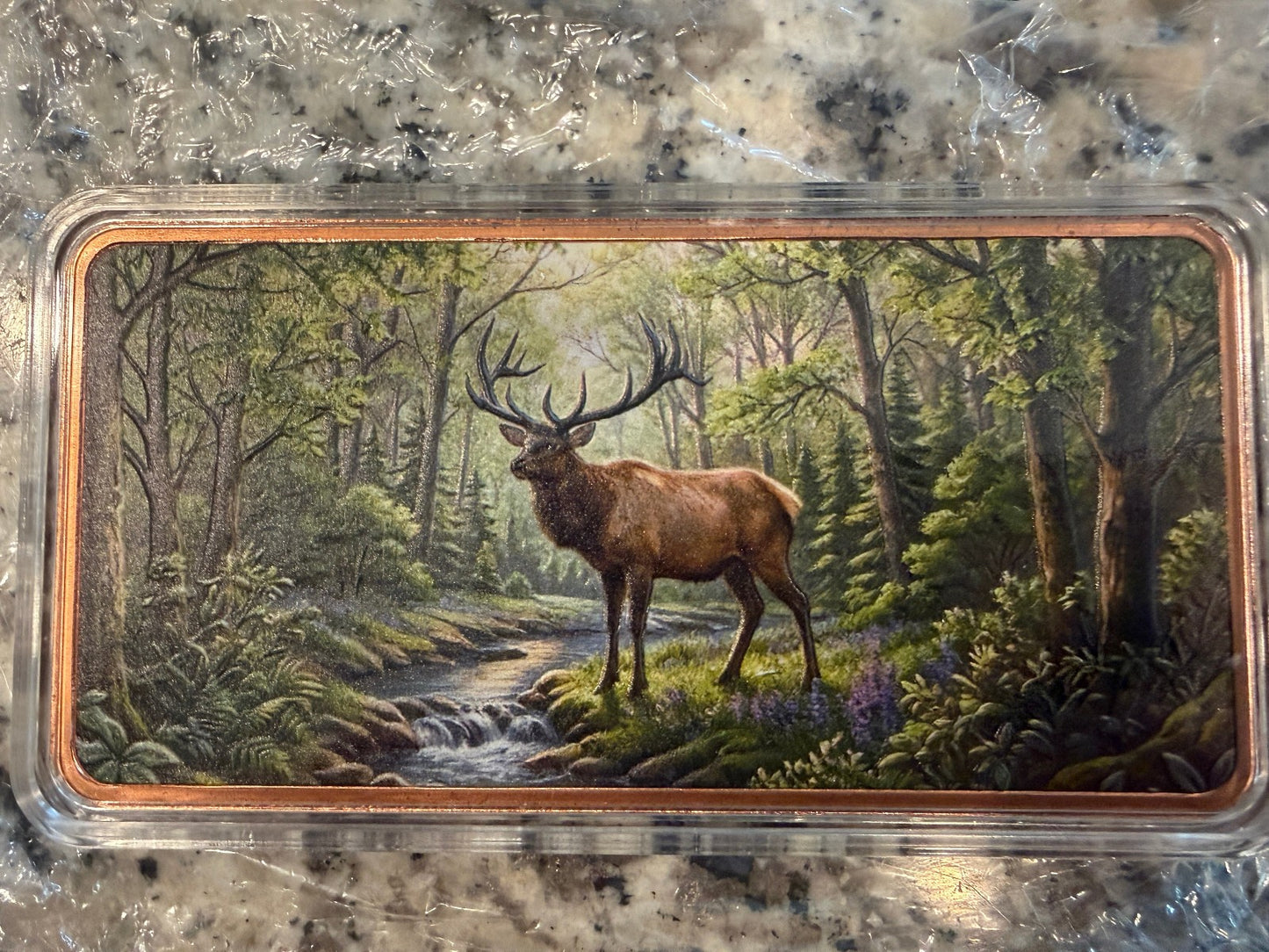 10 AVDP oz .999 Fine Copper Elk Landscape Art Bullion Bar with Colorized Forest