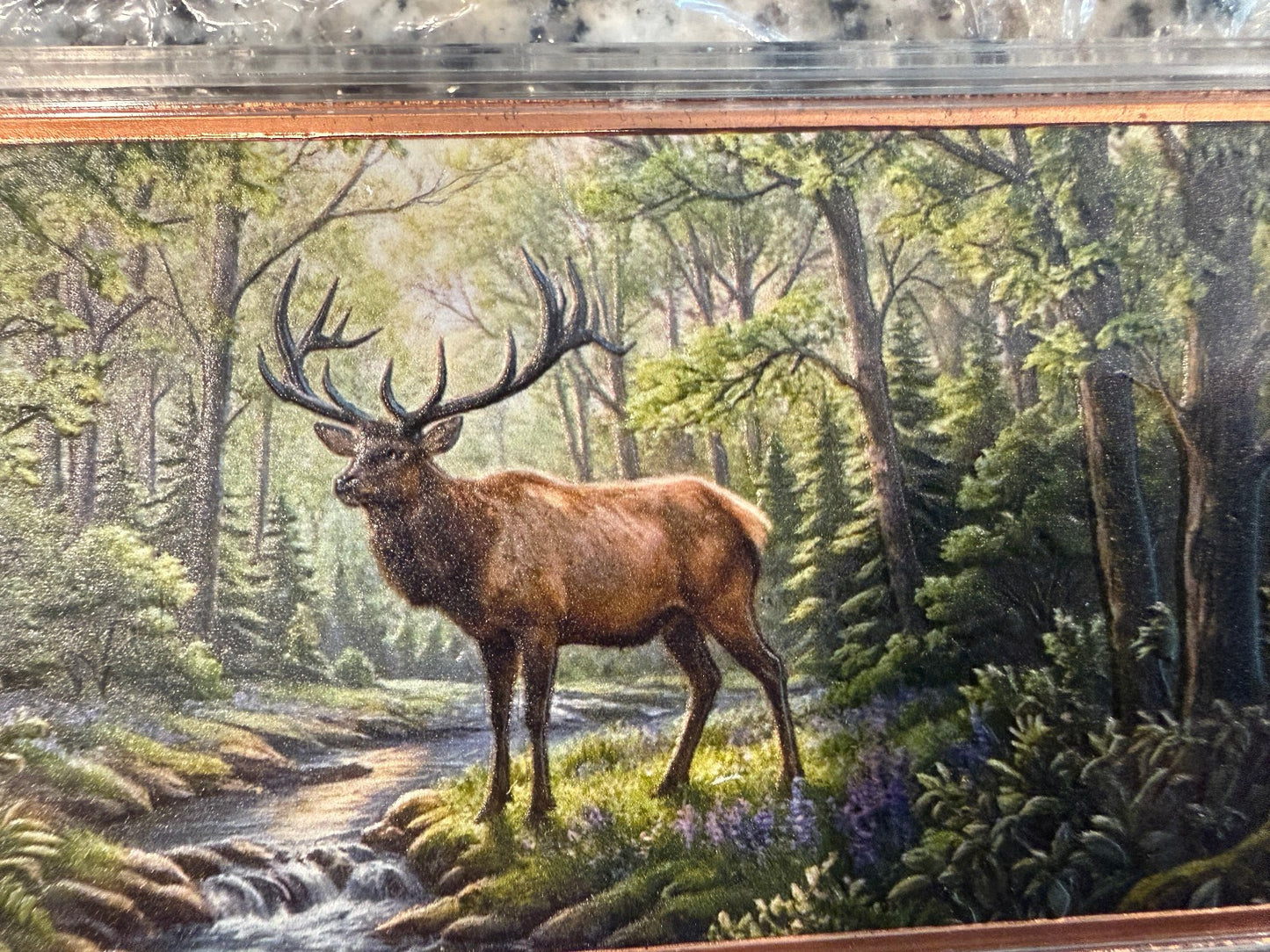 10 AVDP oz .999 Fine Copper Elk Landscape Art Bullion Bar with Colorized Forest